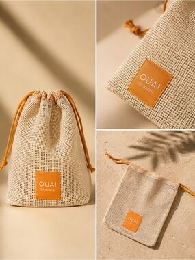 OUAI Cream Mesh Drawstring Pouch with Tan Logo Patch New